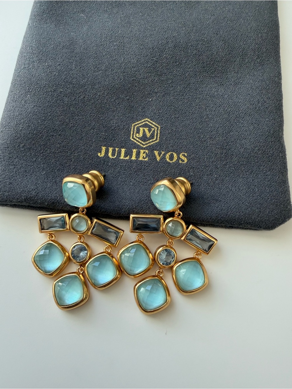 NWOT Julie Vos Gold-Tone Aqua and Blue Statement Drop Earrings